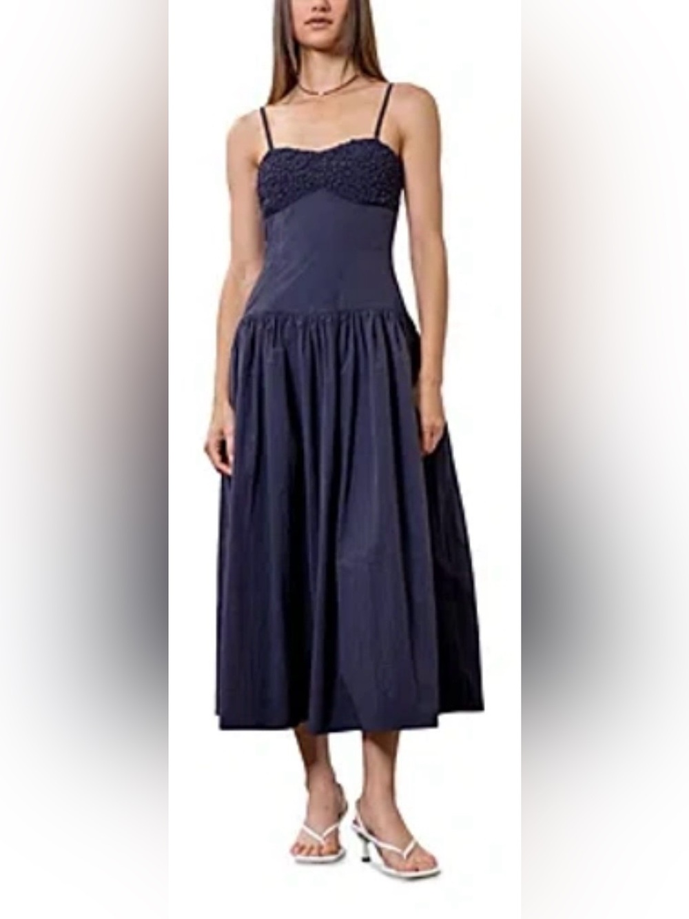 Moon River Shirred Smocked Midi Dress Small Navy NWT Sweetheart Boned Bodice